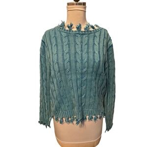 Zenana Womens Distressed Cable Knit Sweater Turquoise Blue Frayed Cotton S